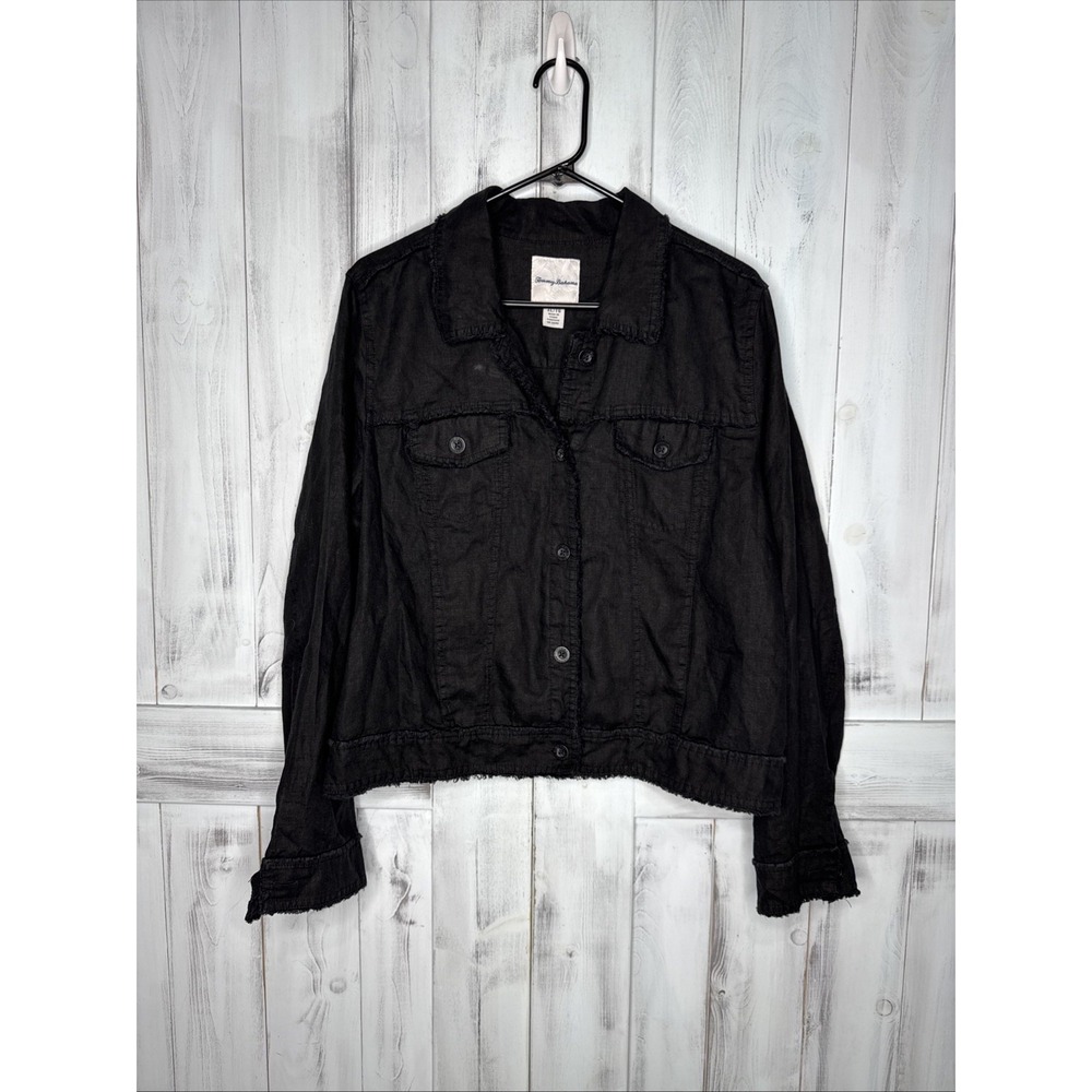 WOMENS TOMMY BAHAMA TWO PALMS 100% LINEN RAW EDGE BUTTON UP JACKET BLACK XL